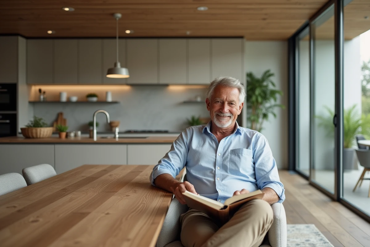 Homme lisant un livre à la table de salle à manger moderne