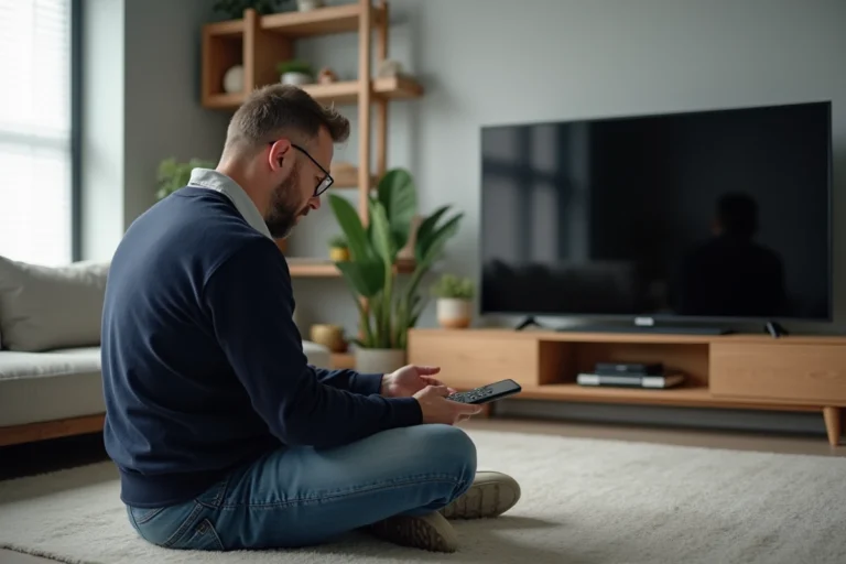 Homme d'âge moyen regardant la télévision connectée