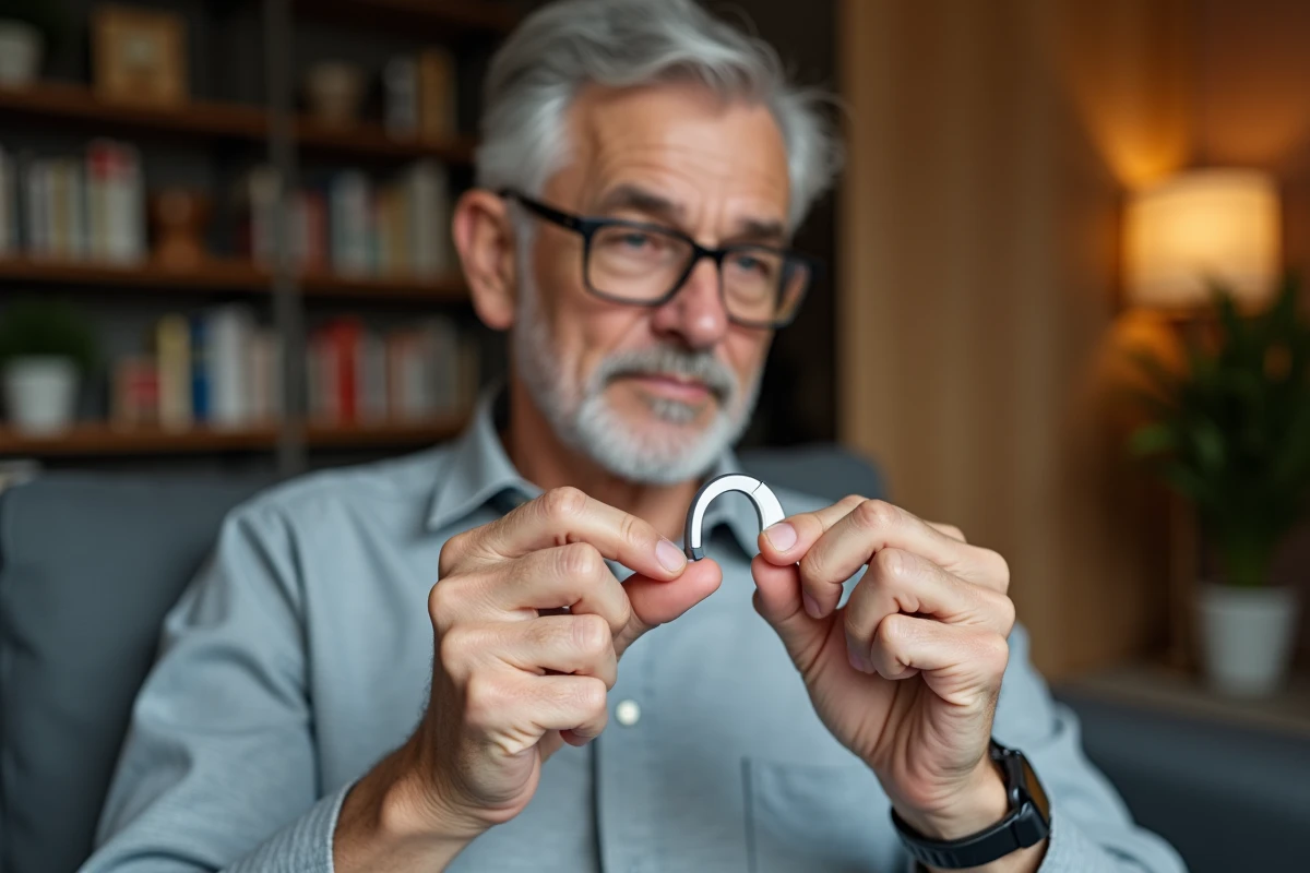 Un homme senior tenant un petit appareil auditif intra-auriculaire dans sa main, comparant les solutions auditives disponibles chez Audika à domicile