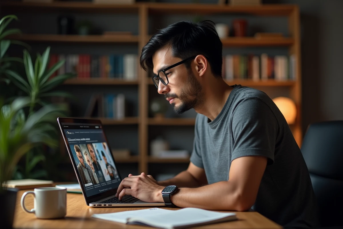 Homme regardant des séries en streaming sur un ordinateur portable dans son bureau à domicile