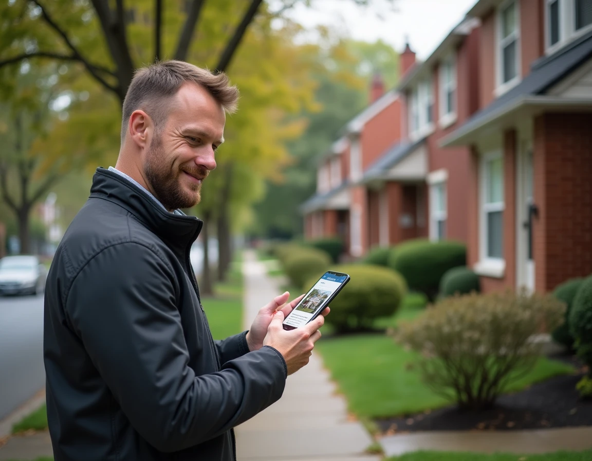 Homme vérifiant une annonce immobilière sur smartphone devant une maison lors d'une visite