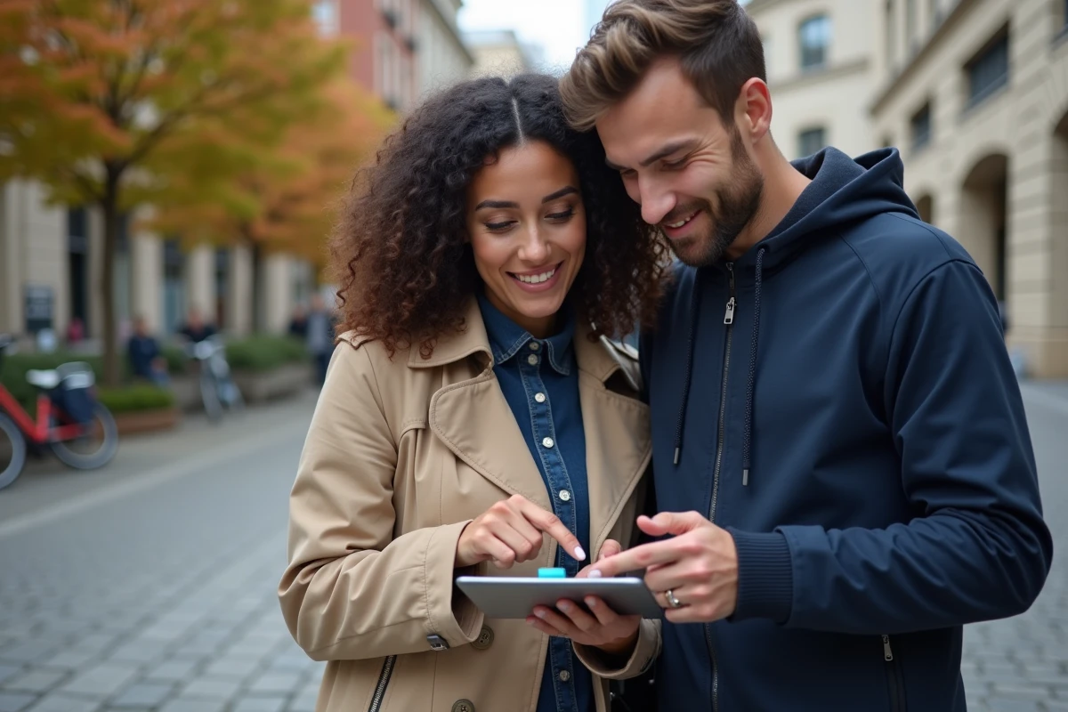 Deux amis consultant ensemble un itinéraire multi-étapes sur tablette en plein air dans une ville européenne