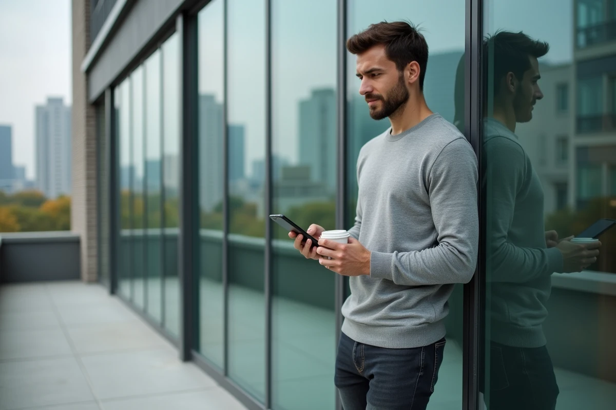 Jeune entrepreneur utilisant son smartphone en terrasse d'un immeuble de bureaux moderne