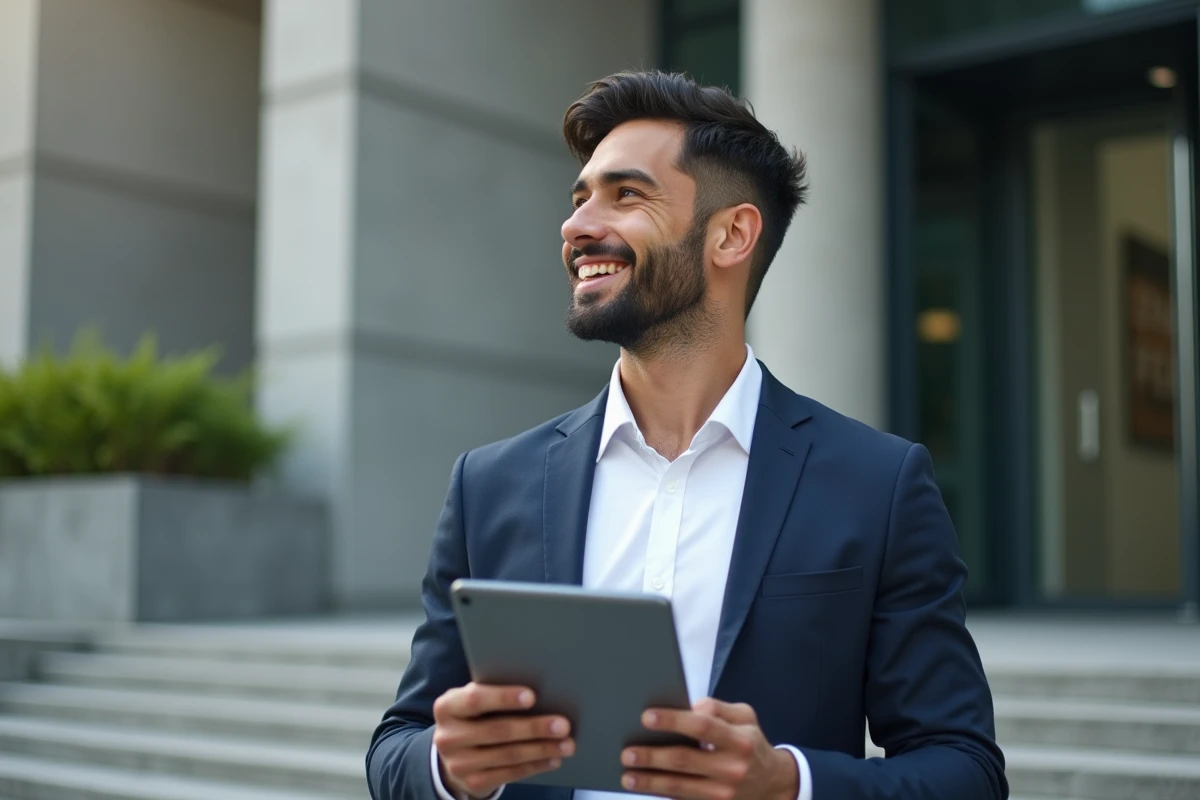 Jeune entrepreneur avec tablette devant un bâtiment urbain