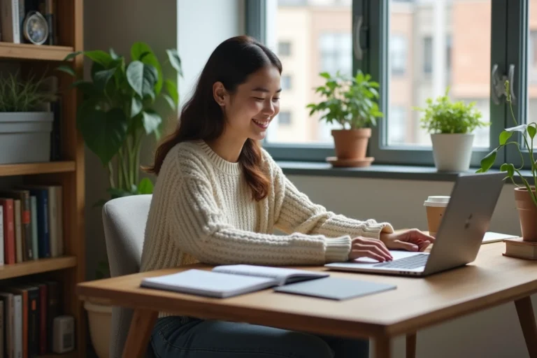 Jeune femme souriante dans un bureau lumineux avec ordinateur
