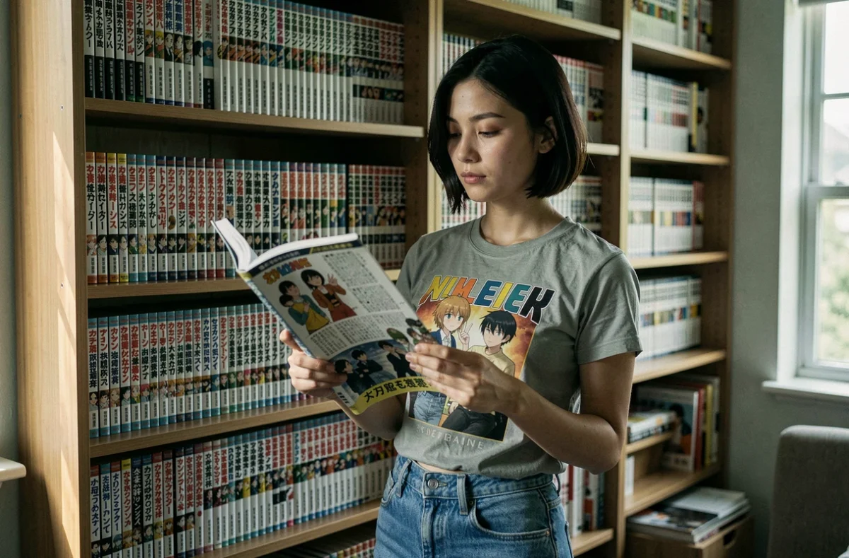 Jeune femme contemplant une page marquante du manga One Piece devant une bibliothèque remplie de volumes