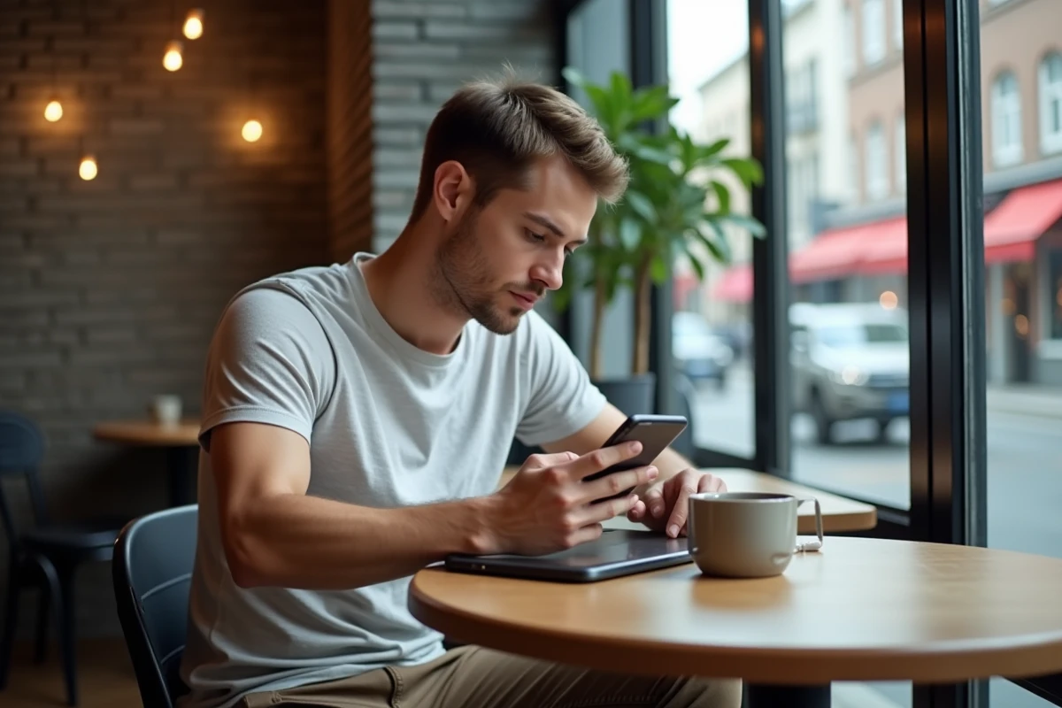 Jeune homme concentré utilisant son smartphone au café
