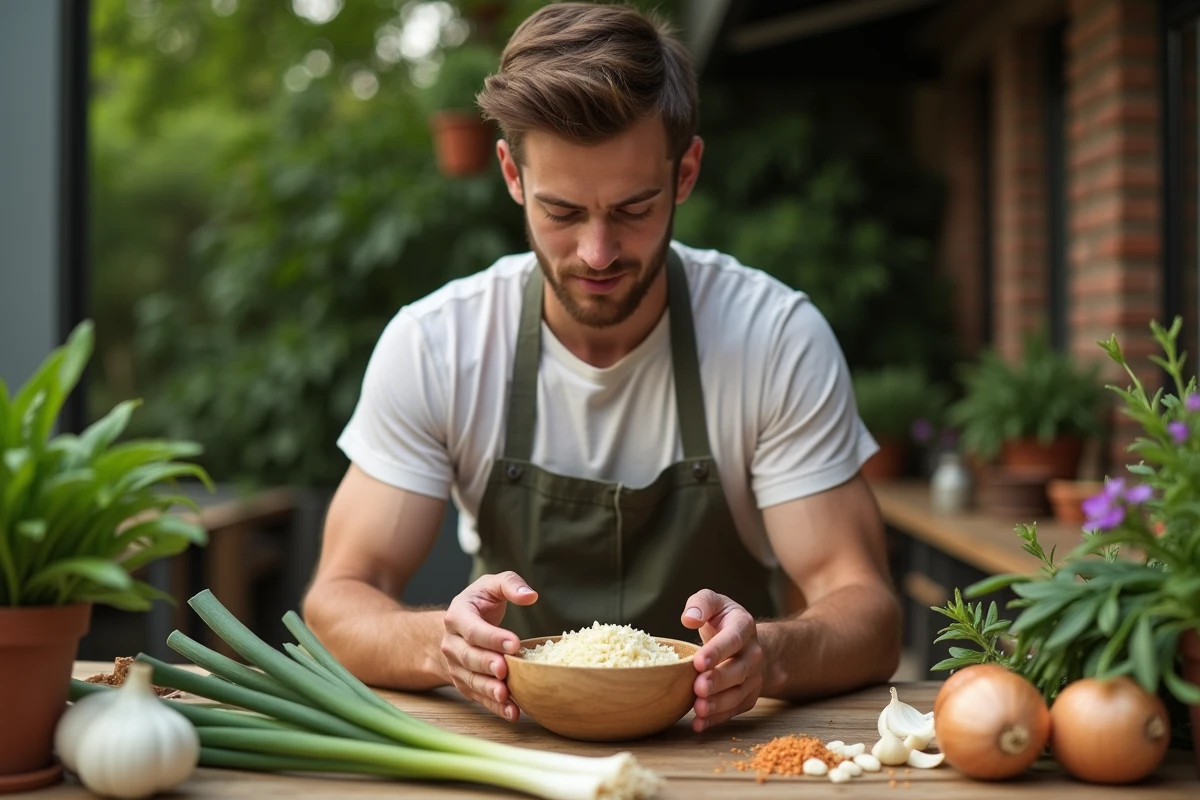 Jeune homme préparant des ingrédients dans un cadre extérieur