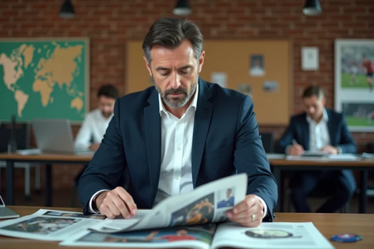 Journaliste sportif régional feuilletant le magazine Sportsland dans une salle de rédaction authentique