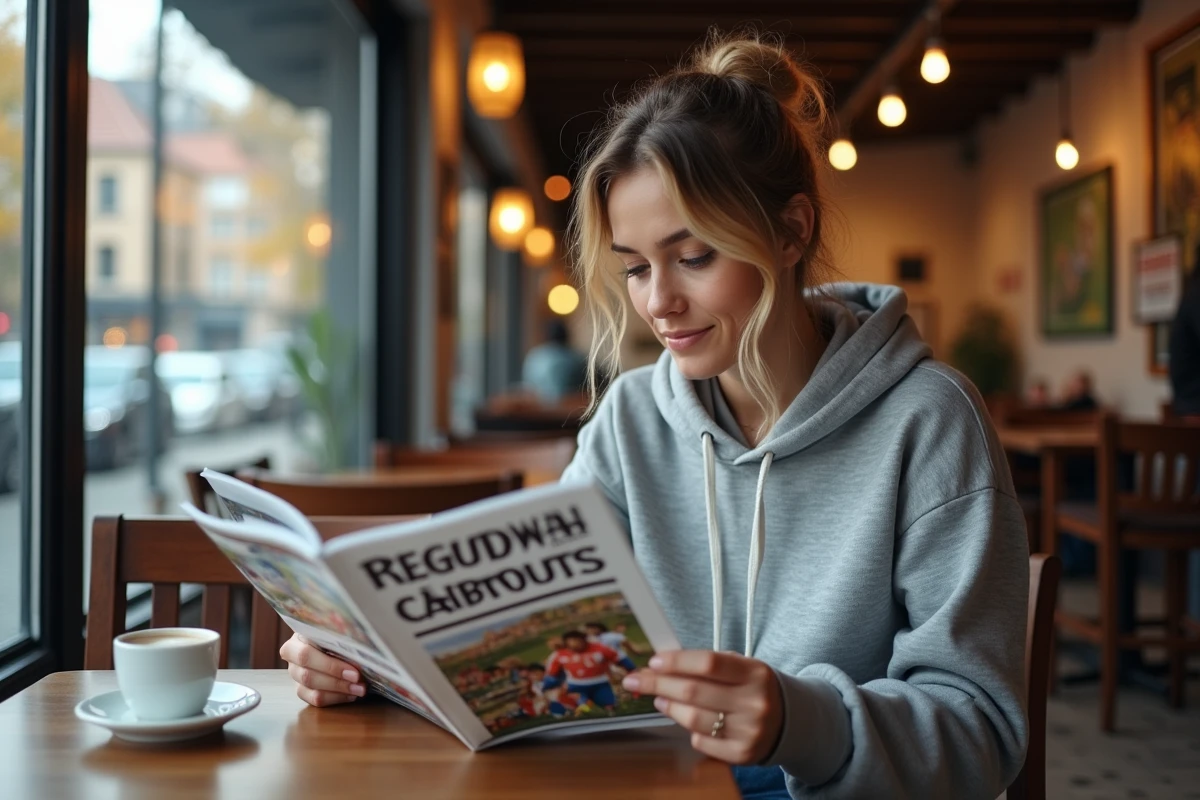 Femme lisant le magazine sportif Sportsland dans un café régional ambiance authentique
