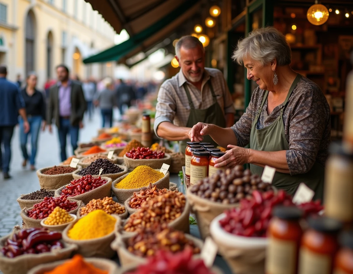 Étal de marché provençal avec des épices exotiques, des fleurs comestibles et des condiments artisanaux dans des paniers en osier