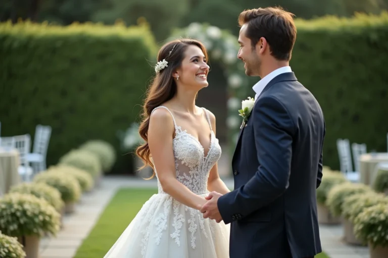 Jeune couple de mariés souriants dans un jardin élégant