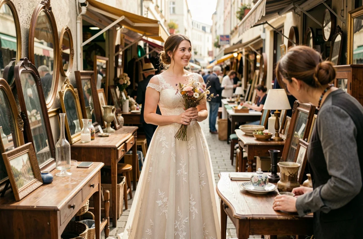 Mariée en robe vintage ivoire choisissant des décorations de mariage dans un marché aux puces pour un mariage économique et seconde main