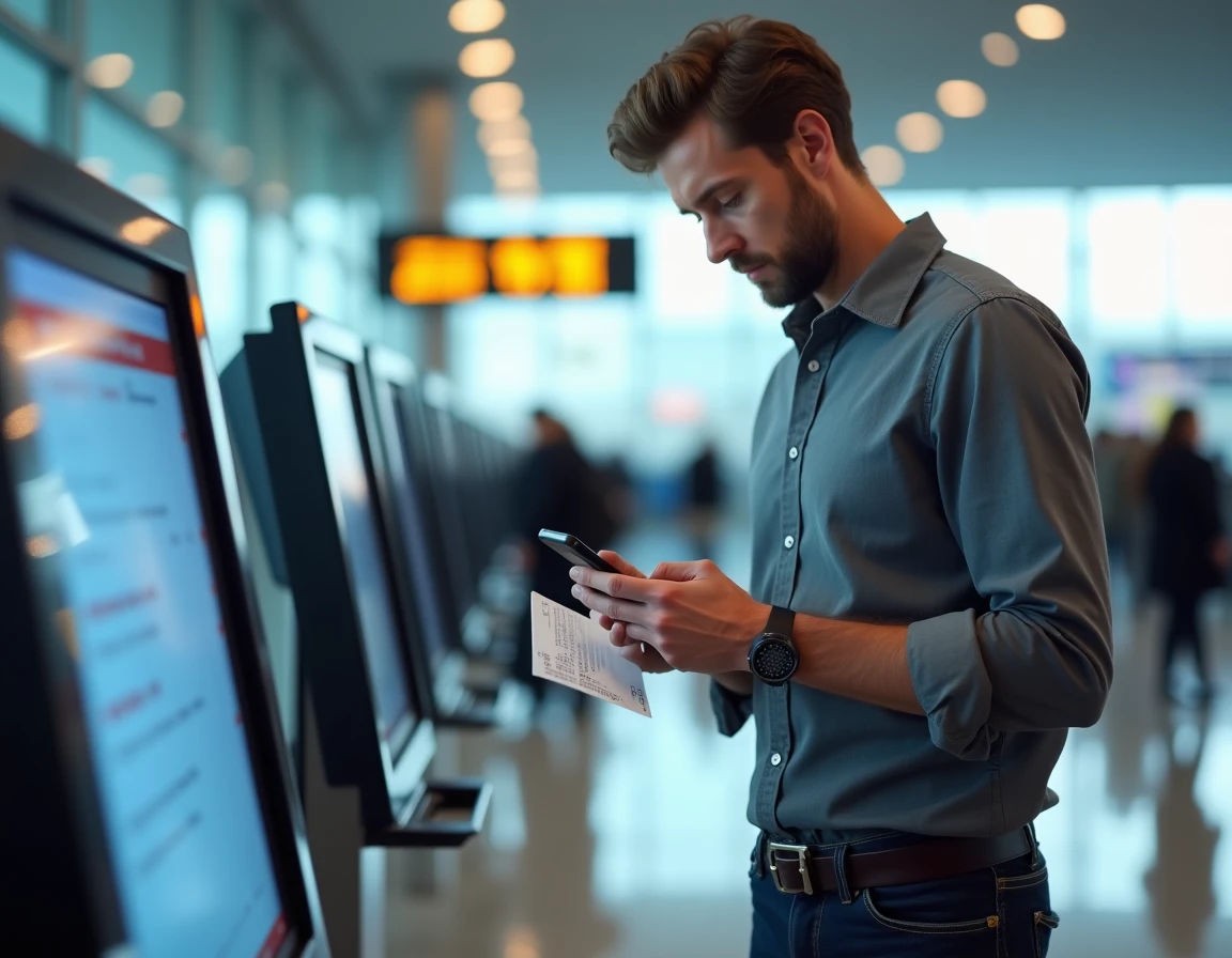 Homme consultant son application EasyJet pour modifier un nom sur un billet à l'aéroport