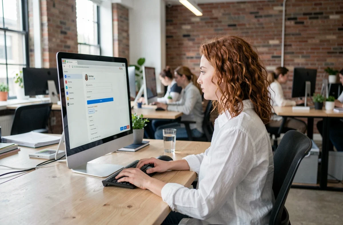 Jeune femme consultant et modifiant ses informations personnelles sur un compte en ligne dans un espace de coworking