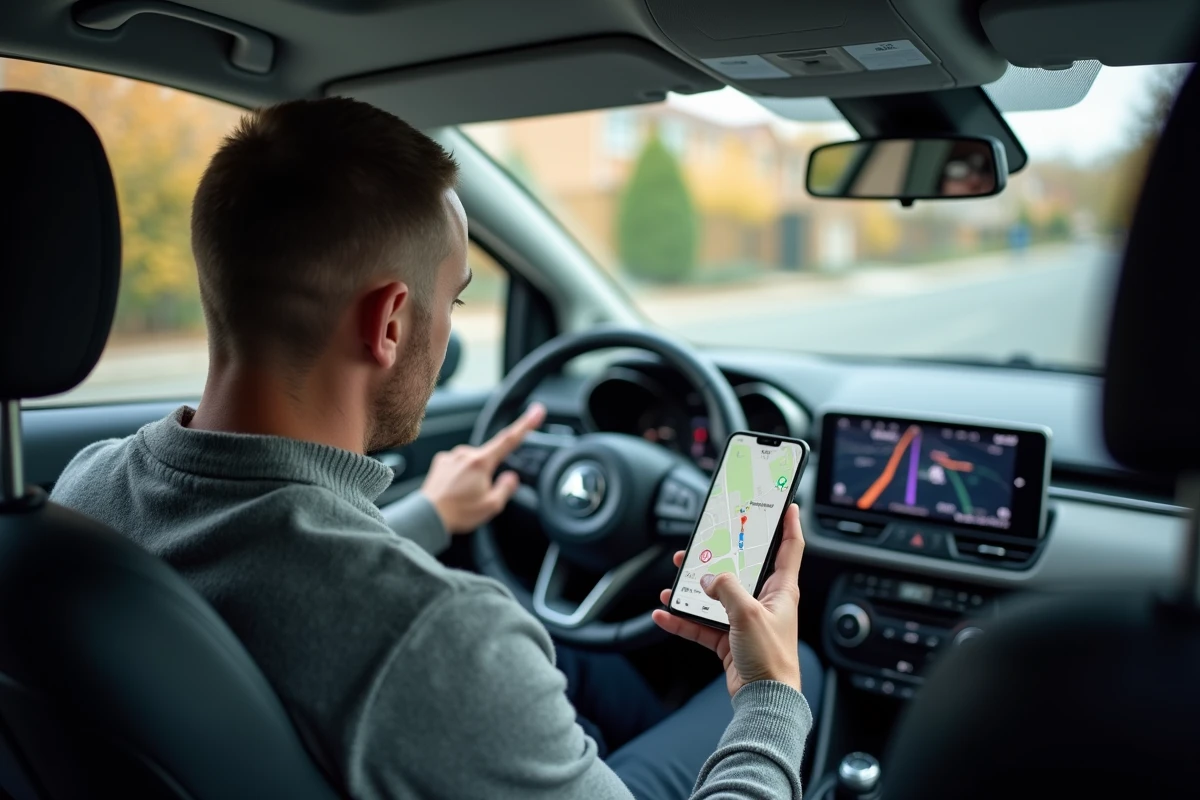 Homme consultant une application de navigation Mappy sur smartphone depuis l'habitacle d'une voiture