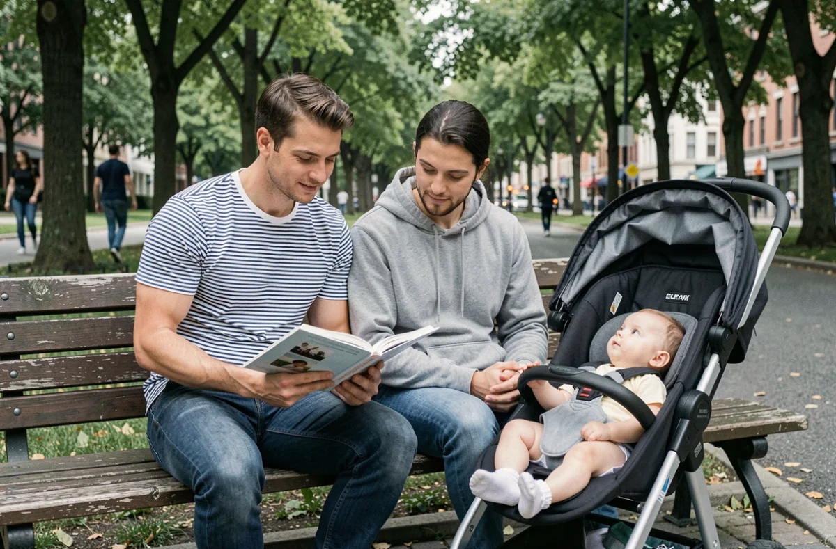 Parents lisant un livre sur le développement de bébé dans un parc avec une poussette
