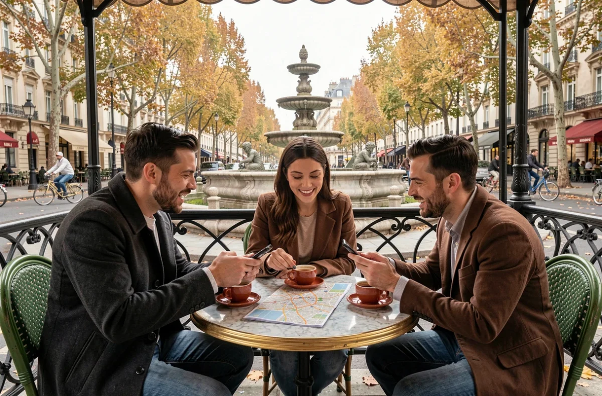 Groupe de Parisiens discutant de l'actualité en terrasse de café autour d'un plan de Paris