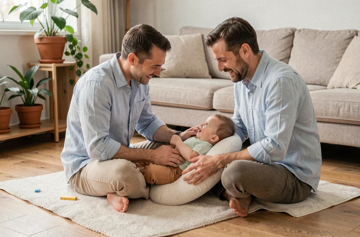 Père jouant avec son bébé de six mois sur un tapis d'éveil dans un salon moderne