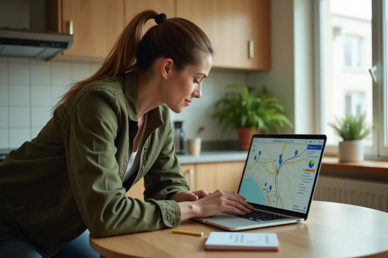 Femme planifiant un itinéraire multi-étapes sur ordinateur portable avec une carte Mappy affichée à l'écran