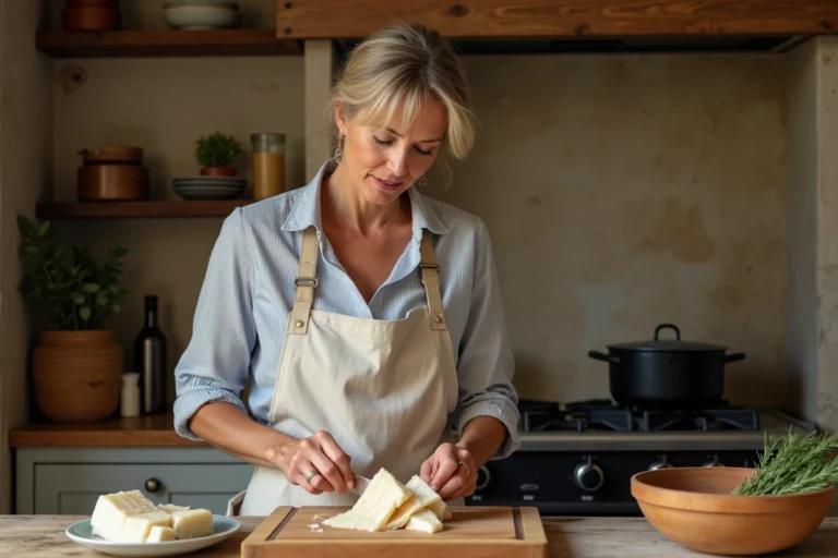 Femme préparant la morue dessalée à la main dans une cuisine française traditionnelle pour une brandade maison