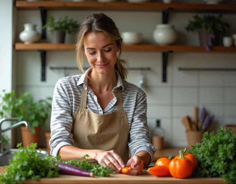 Femme cuisinant avec des légumes colorés et des herbes fraîches sur un plan de travail en bois dans une cuisine artisanale