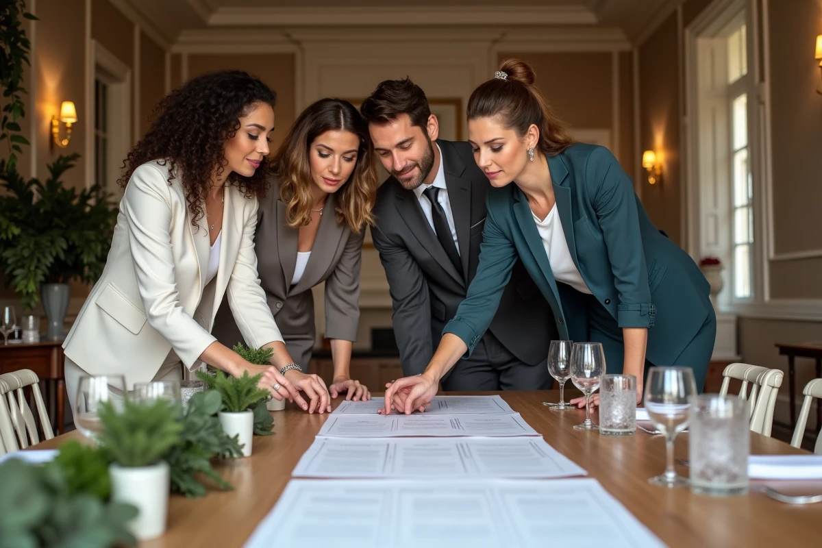 Équipe de planificateurs de mariage en réunion dans une salle