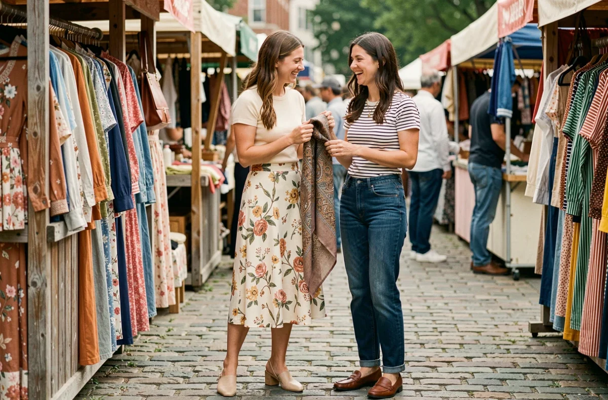 Deux femmes aux styles complémentaires explorant un marché vintage en plein air, tendances mode unique et accessible