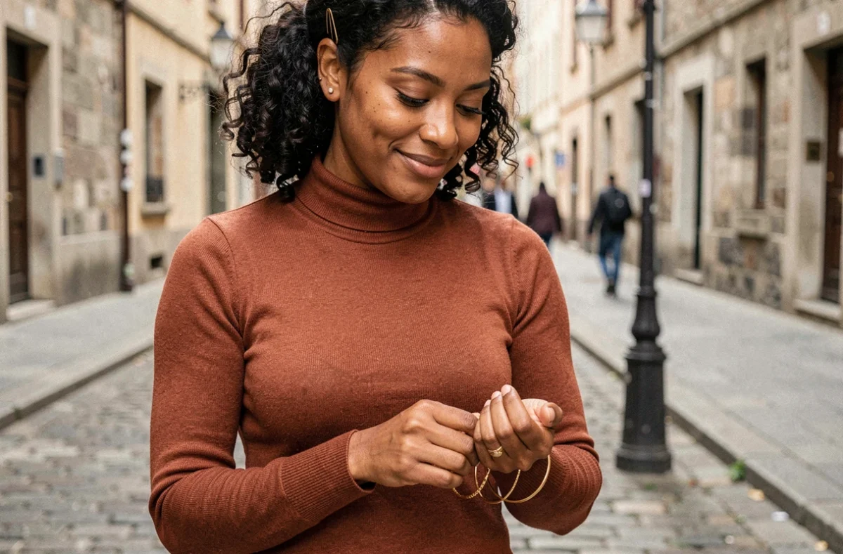 Femme superposant des bracelets dorés dans une rue pavée d'une vieille ville européenne