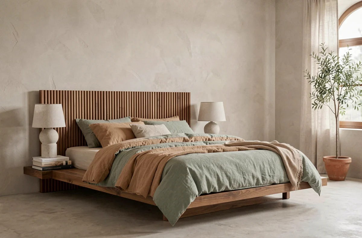 Chambre tendance 2024 avec tête de lit en noyer cannelé, linge de lit en lin sauge et lampe en plâtre sculptural