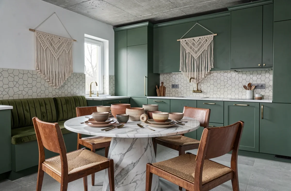Cuisine et coin repas tendance 2024 avec table en marbre, chaises artisanales, carrelage zellige et façades vert forêt