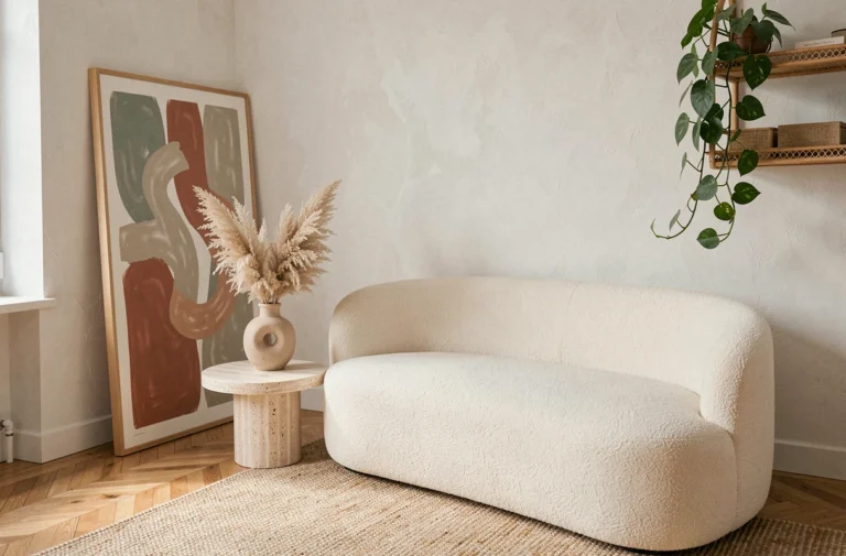 Salon moderne aux tendances déco 2024 avec canapé boucle crème, table en travertin et art mural en tons terracotta
