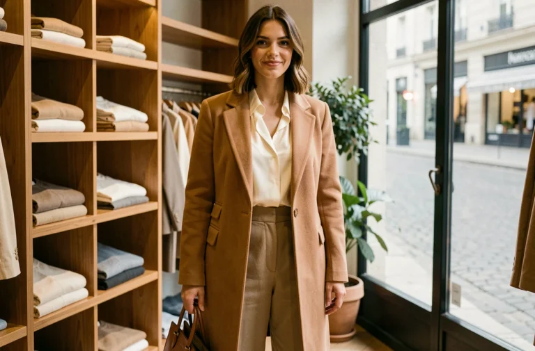 Femme élégante en manteau camel dans une boutique parisienne, illustrant les tendances mode du quotidien