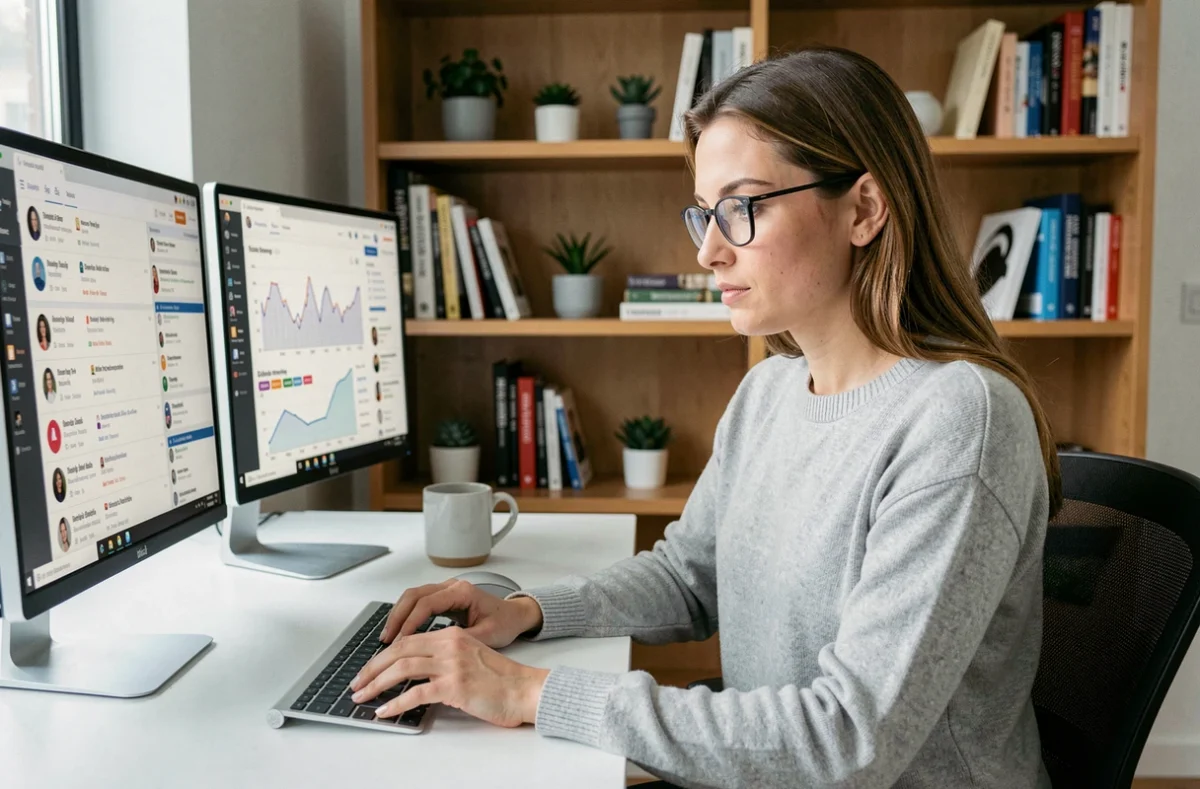 Femme professionnelle effectuant sa veille digitale sur double écran dans un bureau minimaliste moderne