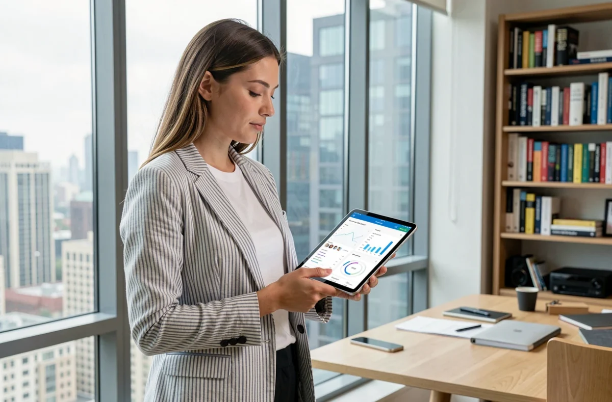 Jeune professionnelle consultant un tableau de bord de veille des réseaux sociaux sur tablette face à une fenêtre urbaine