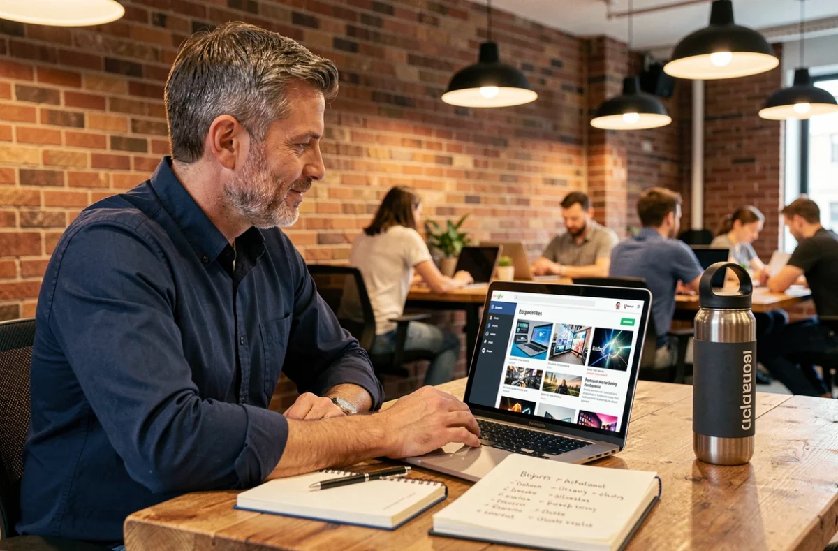 Homme en espace de coworking consultant des tendances digitales sur ordinateur portable avec prise de notes manuscrites